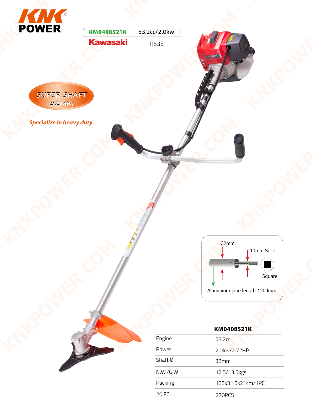 KM0408521K 53.2CC GASOLINE BRUSH CUTTER & GRASS TRIMMER WITH 